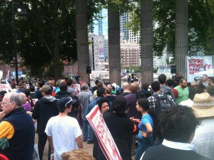 Workers strike outside Starbucks on 4th Ave in Seattle