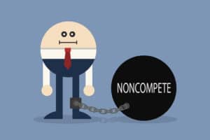 illustration of a worker tied to a ball and chain with the word noncompete