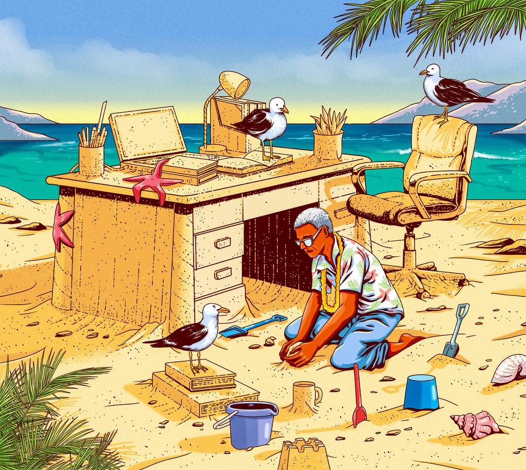 illustration of a man building a desk out of sand on an island