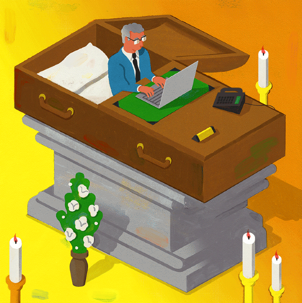 illustration of a man in a coffin working on a laptop