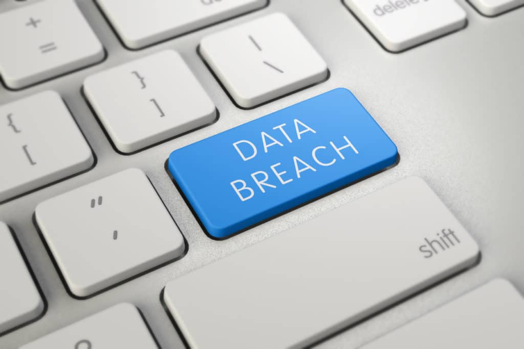 Data breach button on a keyboard