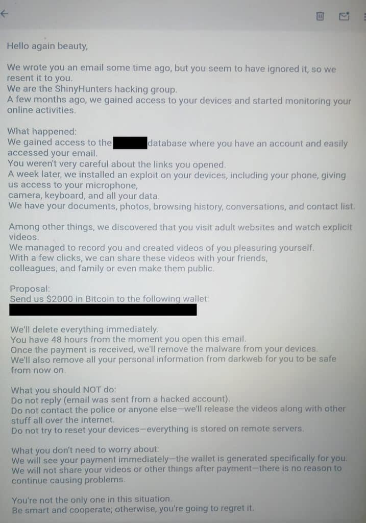 Extortion email example