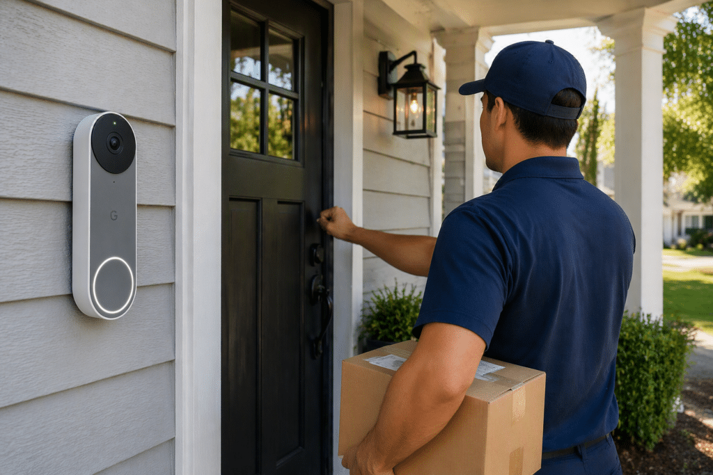 delivery driver bringing package to door of house with google nest cam