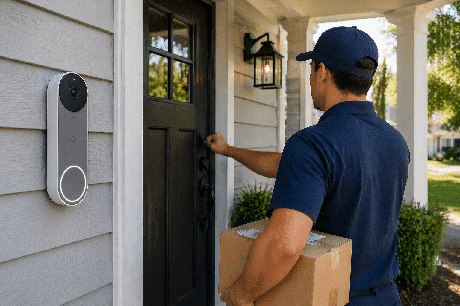 delivery driver bringing package to door of house with google nest cam